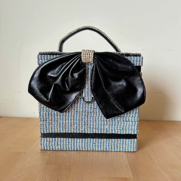 Adorable Evening Purse with Blue and White Glass Rhinestones and Big Bow - Picture 1 of 8